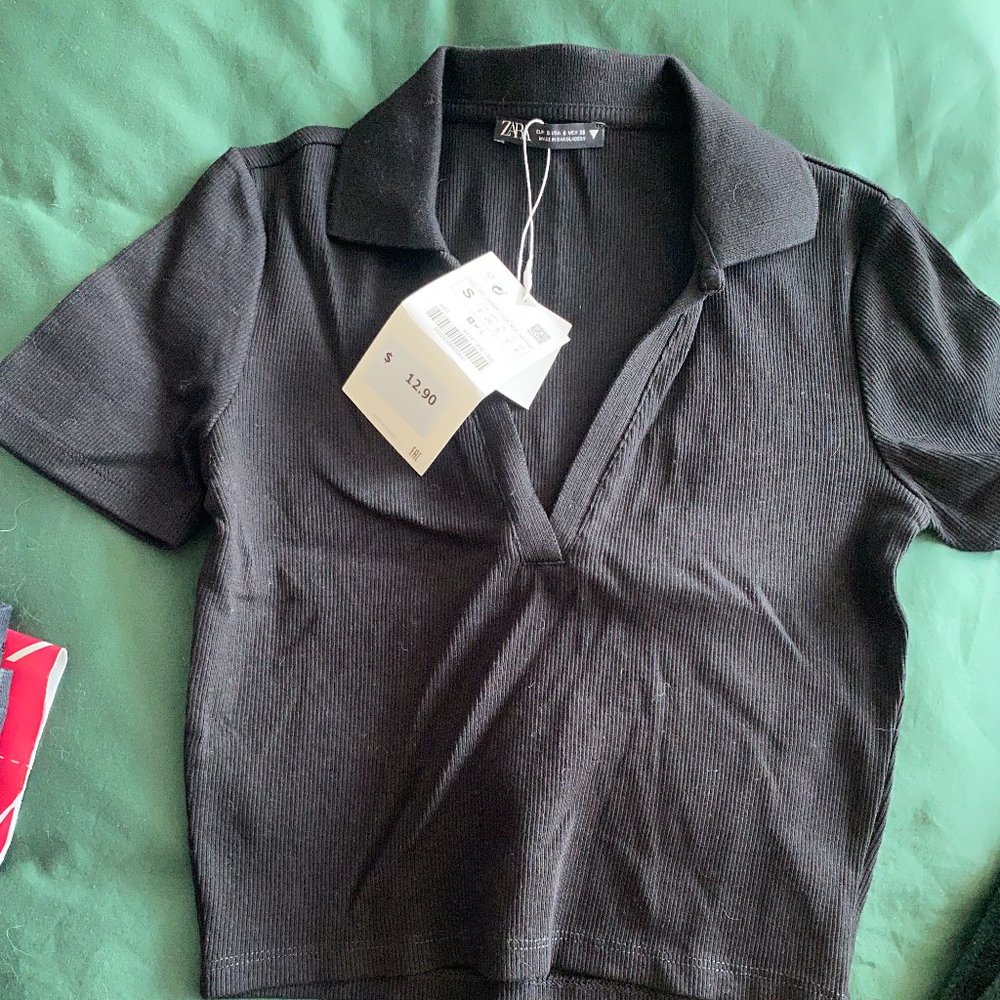 Zara Black Ribbed Polo Crop Top